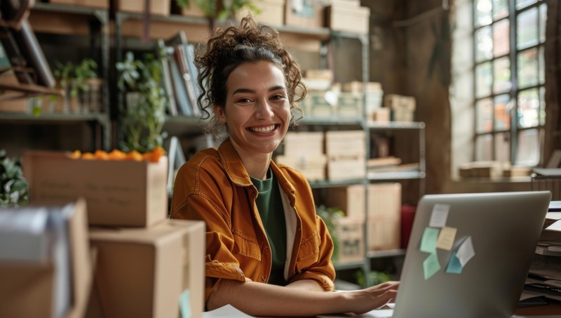 mujer dueña de negocio feliz al incrementar sus ventas por internet y redes sociales